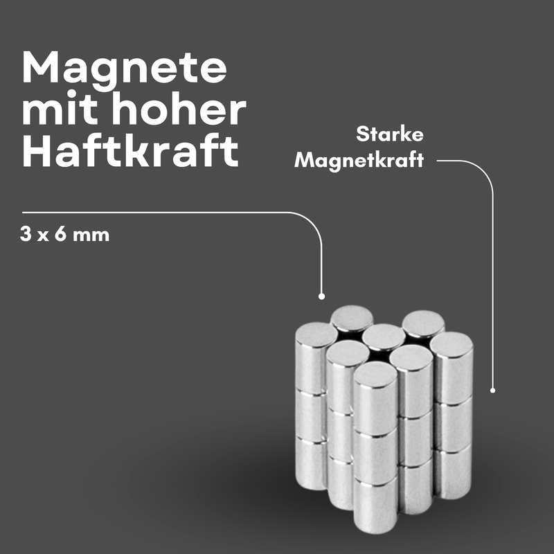 Neodym Magnet Ø 3mm x 6mm - Starker Scheibenmagnet - N42 Supermagnet - Hohe Haftkraft bis 345g