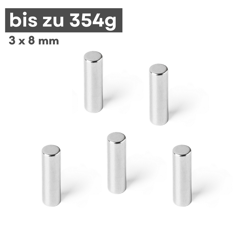 Neodym Magnet Ø 3mm x 8mm - Starker Scheibenmagnet - N42 Supermagnet - Hohe Haftkraft bis 354g