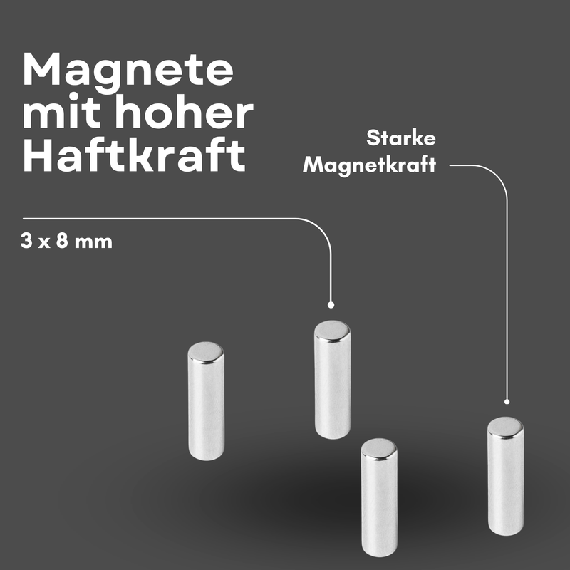 Neodym Magnet Ø 3mm x 8mm - Starker Scheibenmagnet - N42 Supermagnet - Hohe Haftkraft bis 354g