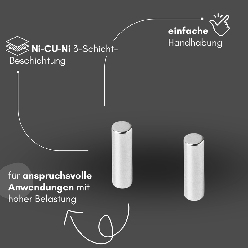 Neodym Magnet Ø 3mm x 8mm - Starker Scheibenmagnet - N42 Supermagnet - Hohe Haftkraft bis 354g