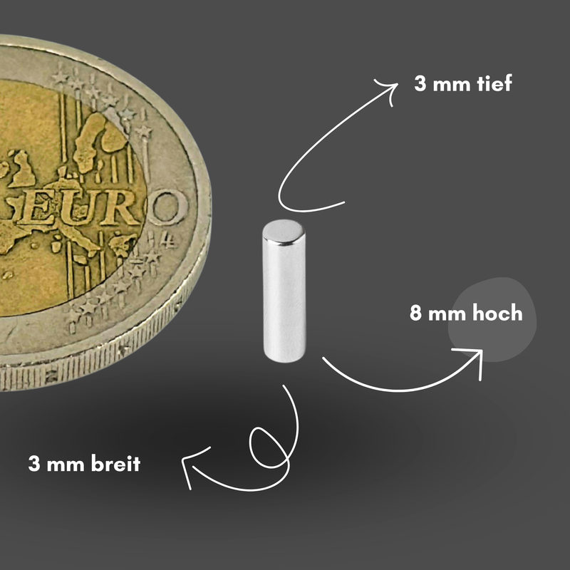 Neodym Magnet Ø 3mm x 8mm - Starker Scheibenmagnet - N42 Supermagnet - Hohe Haftkraft bis 354g