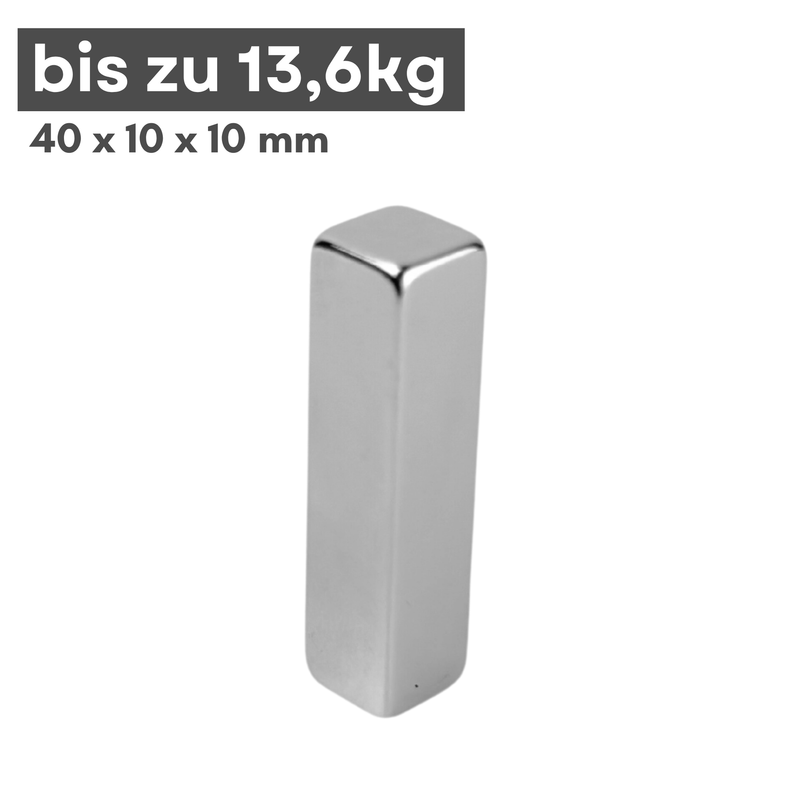 Neodym Magnet 40mm x 10mm x 10mm - N38 Supermagnet - Quadermagnete - Hohe Haftkraft bis 13,6kg