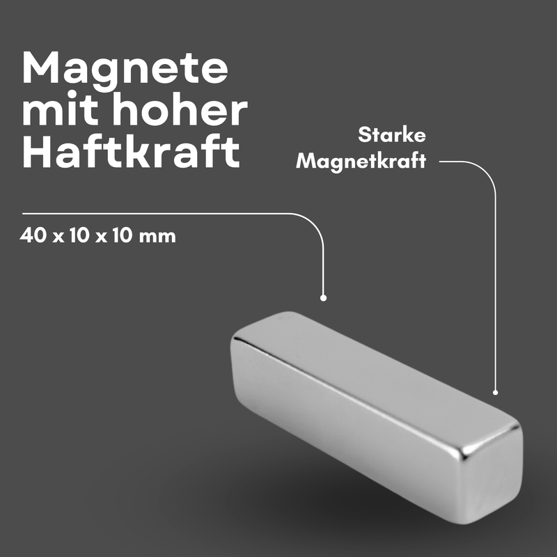 Neodym Magnet 40mm x 10mm x 10mm - N38 Supermagnet - Quadermagnete - Hohe Haftkraft bis 13,6kg