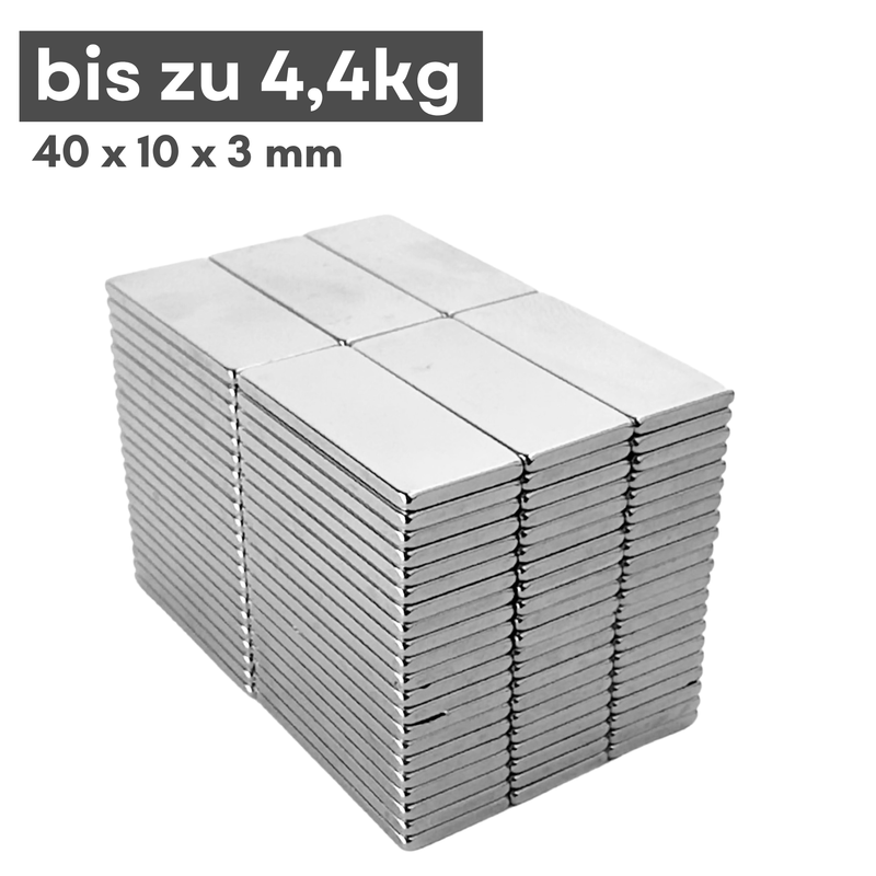 Neodym Magnet 40mm x 10mm x 3mm - N38 Supermagnet - Quadermagnete - Hohe Haftkraft bis 4,4kg