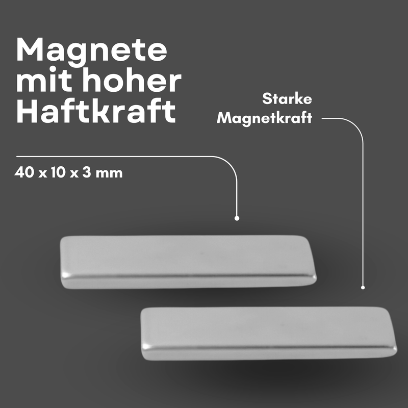 Neodym Magnet 40mm x 10mm x 3mm - N38 Supermagnet - Quadermagnete - Hohe Haftkraft bis 4,4kg