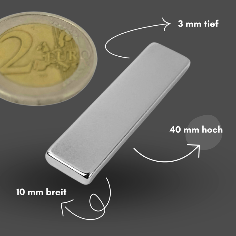 Neodym Magnet 40mm x 10mm x 3mm - N38 Supermagnet - Quadermagnete - Hohe Haftkraft bis 4,4kg