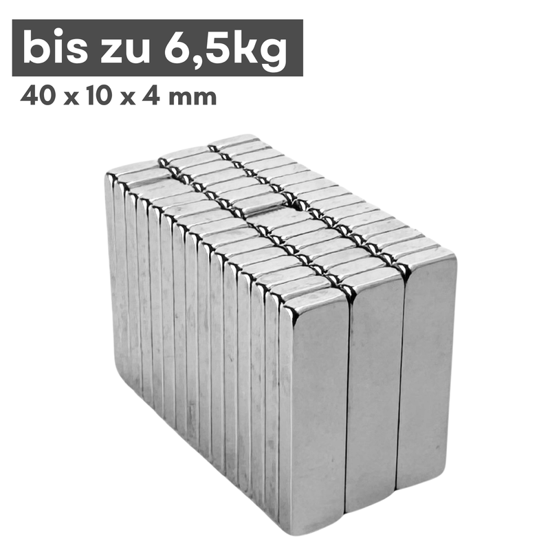 Neodym Magnet 40mm x 10mm x 4mm - N38 Supermagnet - Quadermagnete - Hohe Haftkraft bis 6,5kg