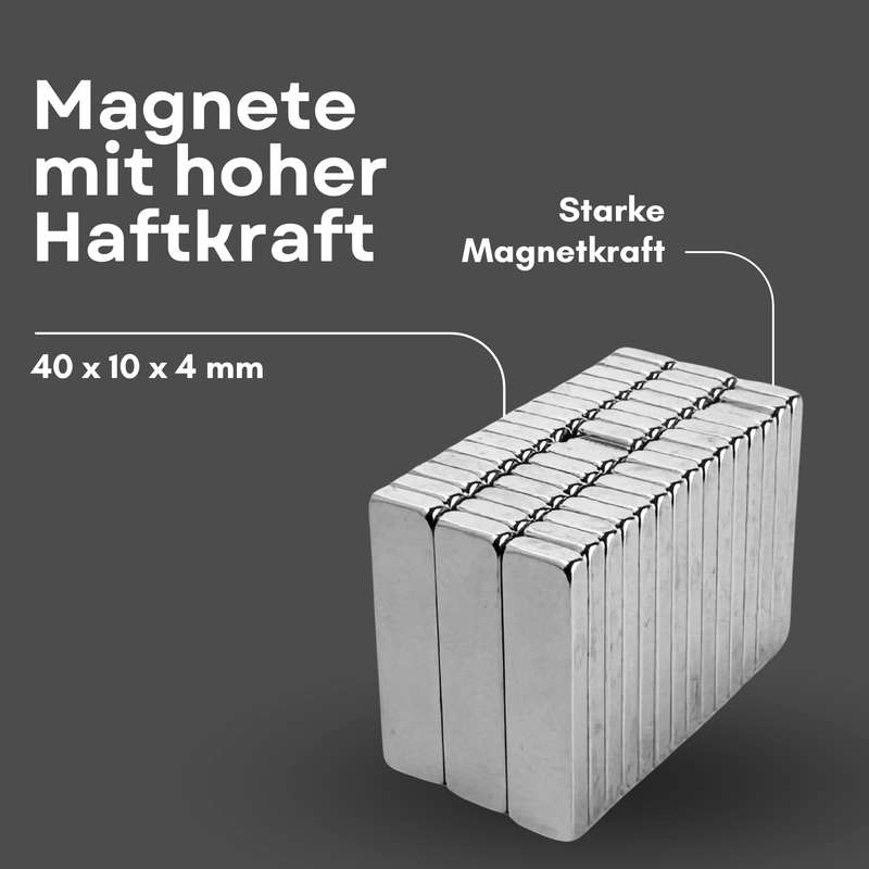 Neodym Magnet 40mm x 10mm x 4mm - N38 Supermagnet - Quadermagnete - Hohe Haftkraft bis 6,5kg