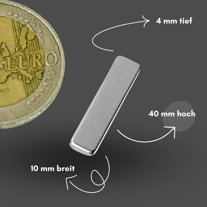 Neodym Magnet 40mm x 10mm x 4mm - N38 Supermagnet - Quadermagnete - Hohe Haftkraft bis 6,5kg