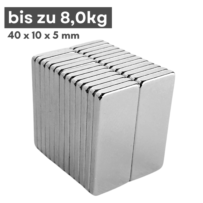 Neodym Magnet 40mm x 10mm x 5mm - N38 Supermagnet - Quadermagnete - Hohe Haftkraft bis 8kg