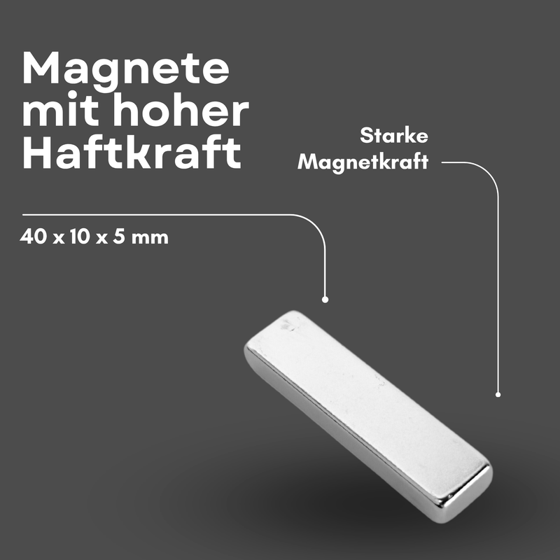 Neodym Magnet 40mm x 10mm x 5mm - N38 Supermagnet - Quadermagnete - Hohe Haftkraft bis 8kg