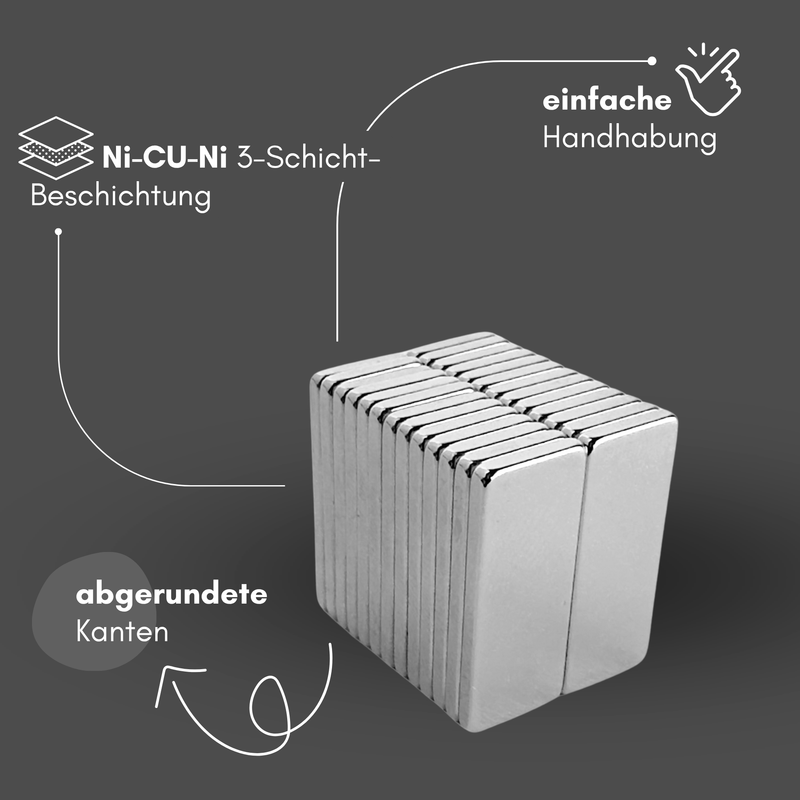 Neodym Magnet 40mm x 10mm x 5mm - N38 Supermagnet - Quadermagnete - Hohe Haftkraft bis 8kg