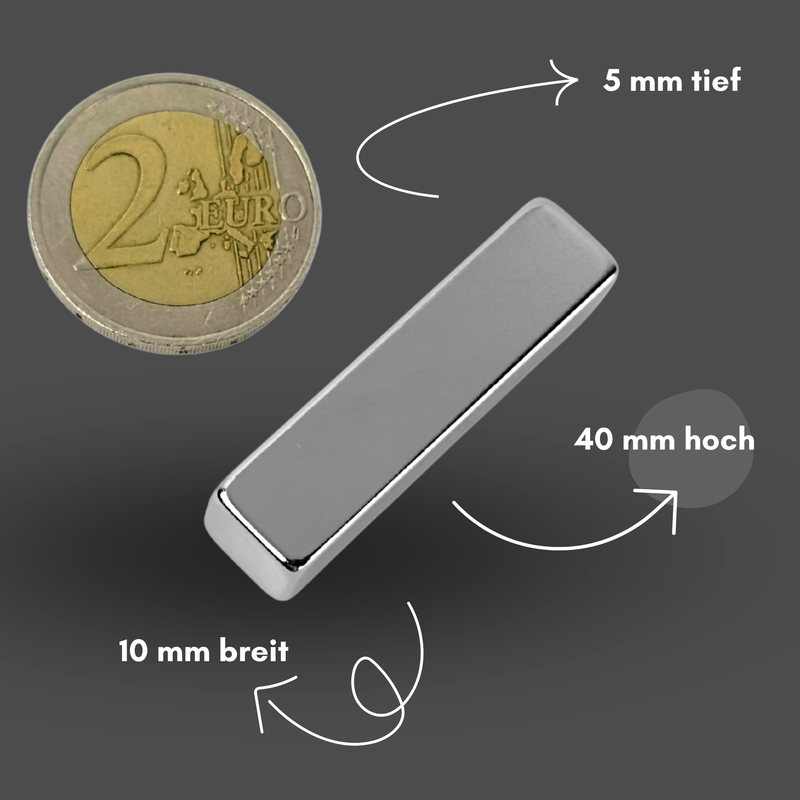 Neodym Magnet 40mm x 10mm x 5mm - N38 Supermagnet - Quadermagnete - Hohe Haftkraft bis 8kg