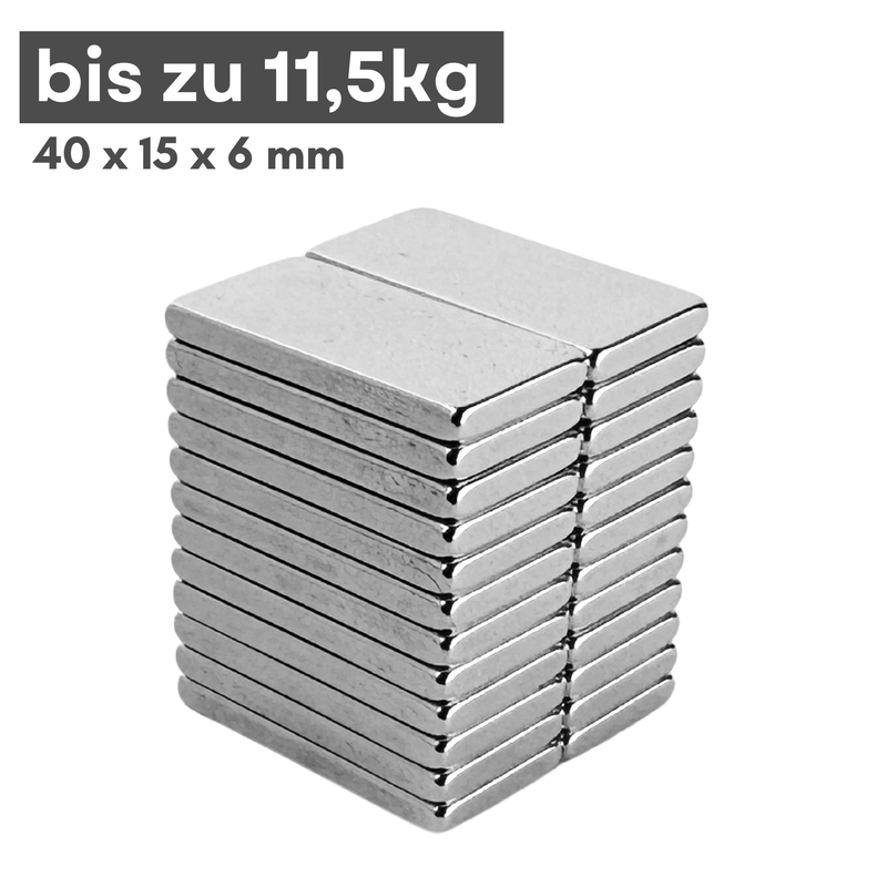 Neodym Magnet 40mm x 15mm x 6mm - N38 Supermagnet - Quadermagnete - Hohe Haftkraft bis 11,5kg