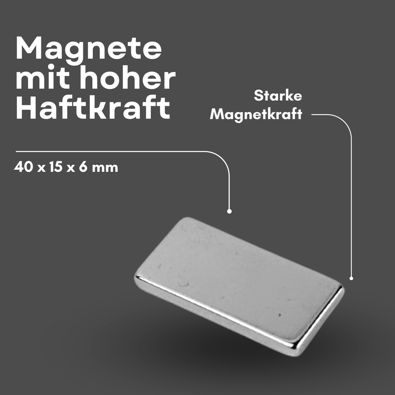 Neodym Magnet 40mm x 15mm x 6mm - N38 Supermagnet - Quadermagnete - Hohe Haftkraft bis 11,5kg