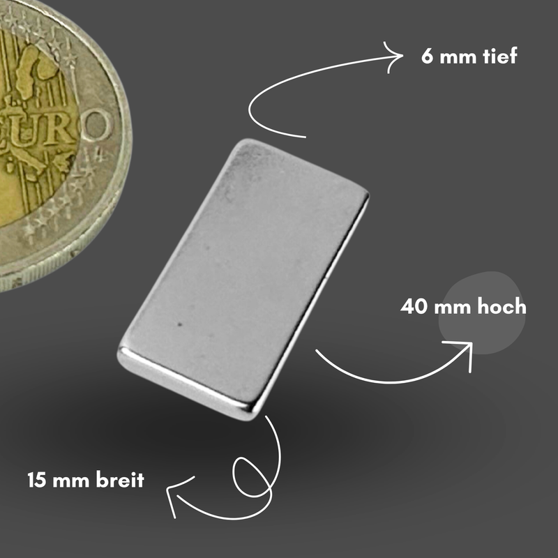 Neodym Magnet 40mm x 15mm x 6mm - N38 Supermagnet - Quadermagnete - Hohe Haftkraft bis 11,5kg