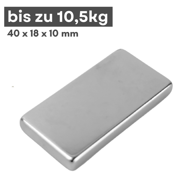 Neodym Magnet 40mm x 18mm x 10mm - N38 Supermagnet - Quadermagnete - Hohe Haftkraft bis 19,5kg