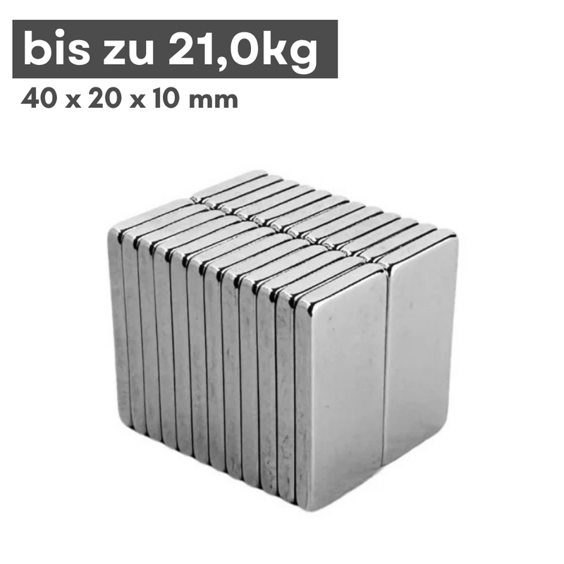 Neodym Magnet 40mm x 20mm x 10mm - N42 Supermagnet - Quadermagnete - Hohe Haftkraft bis 21kg