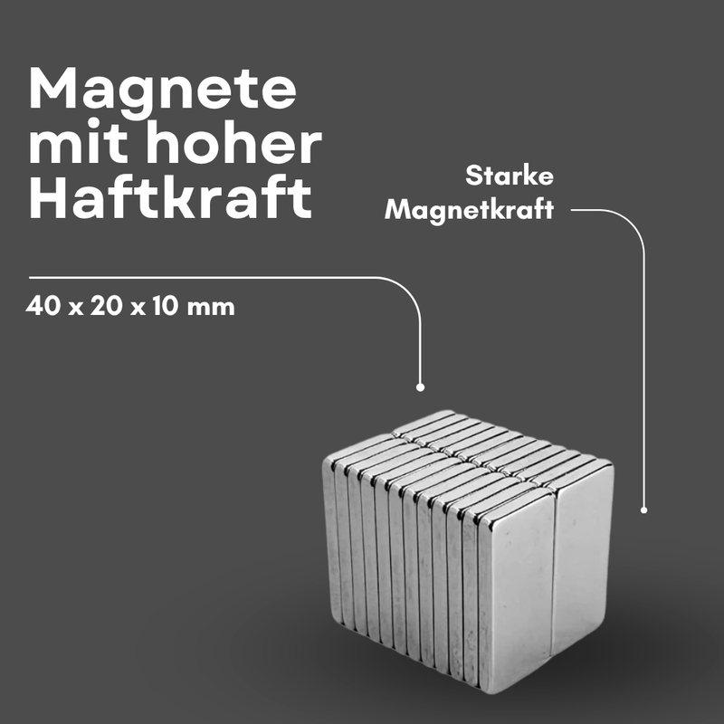 Neodym Magnet 40mm x 20mm x 10mm - N42 Supermagnet - Quadermagnete - Hohe Haftkraft bis 21kg