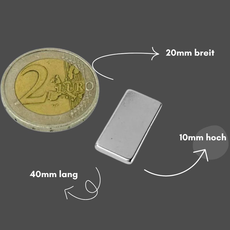 Neodym Magnet 40mm x 20mm x 10mm - N42 Supermagnet - Quadermagnete - Hohe Haftkraft bis 21kg
