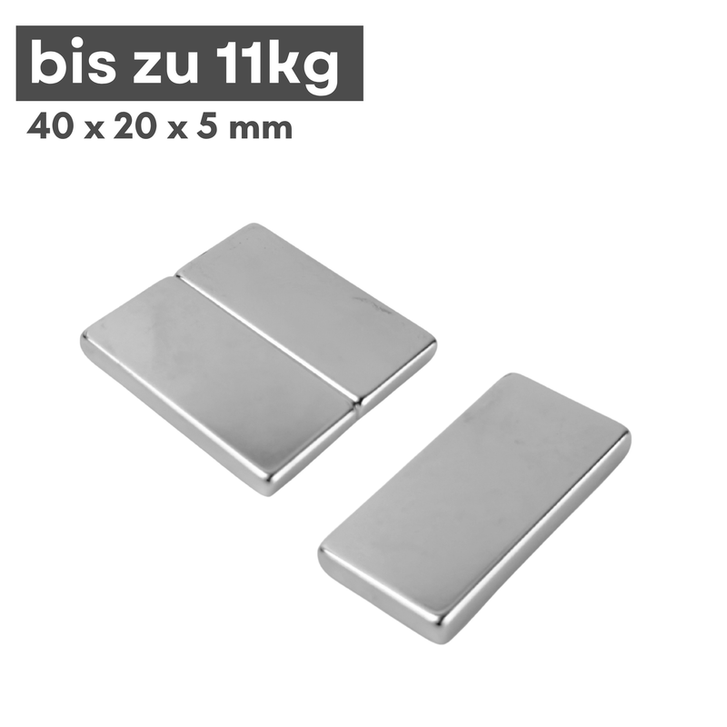 Neodym Magnet 40mm x 20mm x 5mm - N38 Supermagnet - Quadermagnete - Hohe Haftkraft bis 11kg