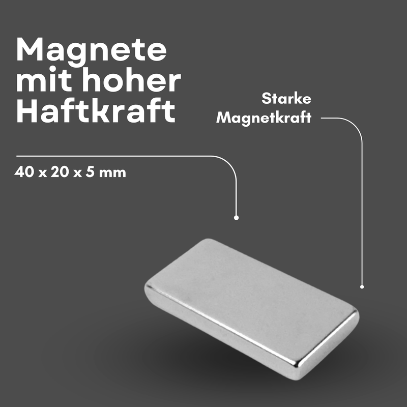 Neodym Magnet 40mm x 20mm x 5mm - N38 Supermagnet - Quadermagnete - Hohe Haftkraft bis 11kg