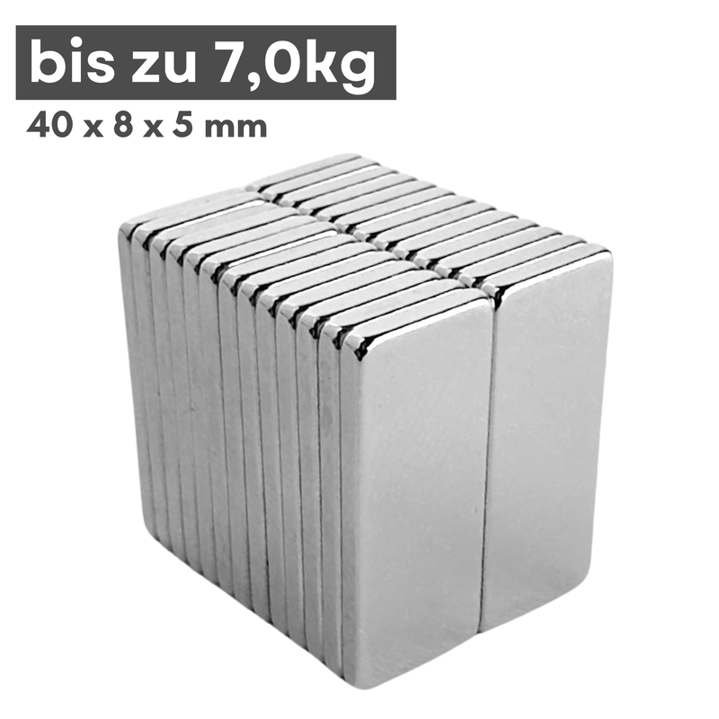 Neodym Magnet 40mm x 8mm x 5mm - N38 Supermagnet - Quadermagnete - Hohe Haftkraft bis 7kg