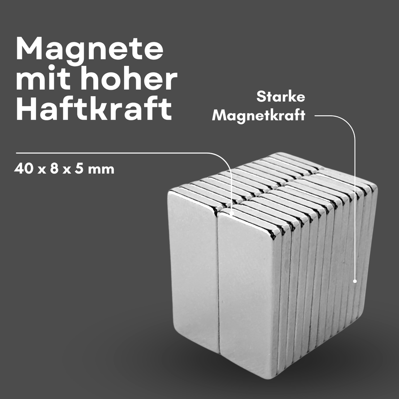 Neodym Magnet 40mm x 8mm x 5mm - N38 Supermagnet - Quadermagnete - Hohe Haftkraft bis 7kg