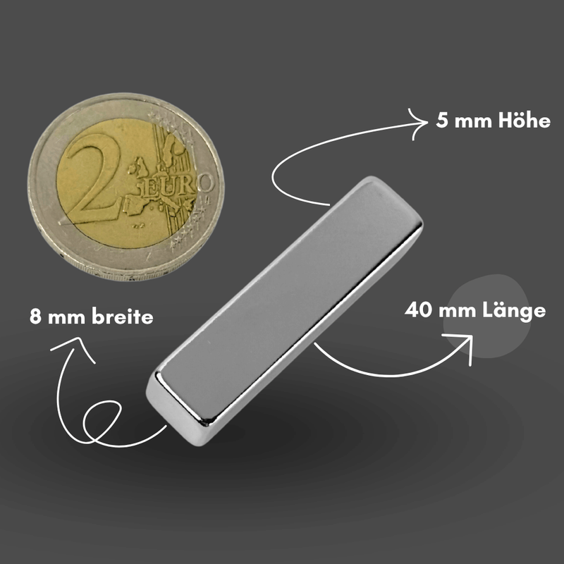 Präziser Neodym Supermagnet 40x8x5 mm, perfekt für Bastelprojekte und Konstruktionen