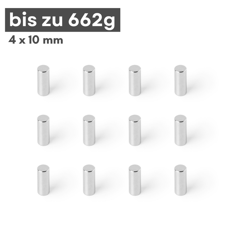 Neodym Magnet Ø 4mm x 10mm - Starker Scheibenmagnet - N42 Supermagnet - Hohe Haftkraft bis 662g