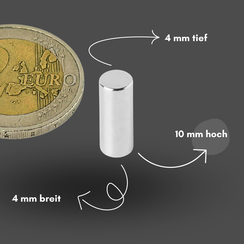 Neodym Magnet Ø 4mm x 10mm - Starker Scheibenmagnet - N42 Supermagnet - Hohe Haftkraft bis 662g