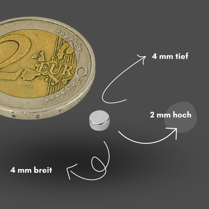 Neodym Magnet Ø 4mm x 2mm - Starker Scheibenmagnet - N42 Supermagnet - Hohe Haftkraft bis 350g