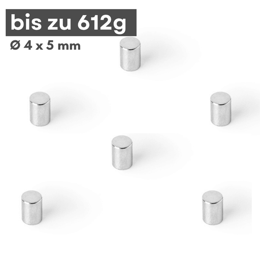 Neodym Scheibenmagnet 4x5 mm N42 – silberfarben, Haftkraft ca. 612 g