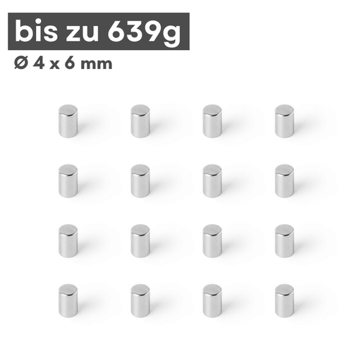 Neodym Scheibenmagnet 4x6 mm N42 – silberfarben, Haftkraft ca. 639 g