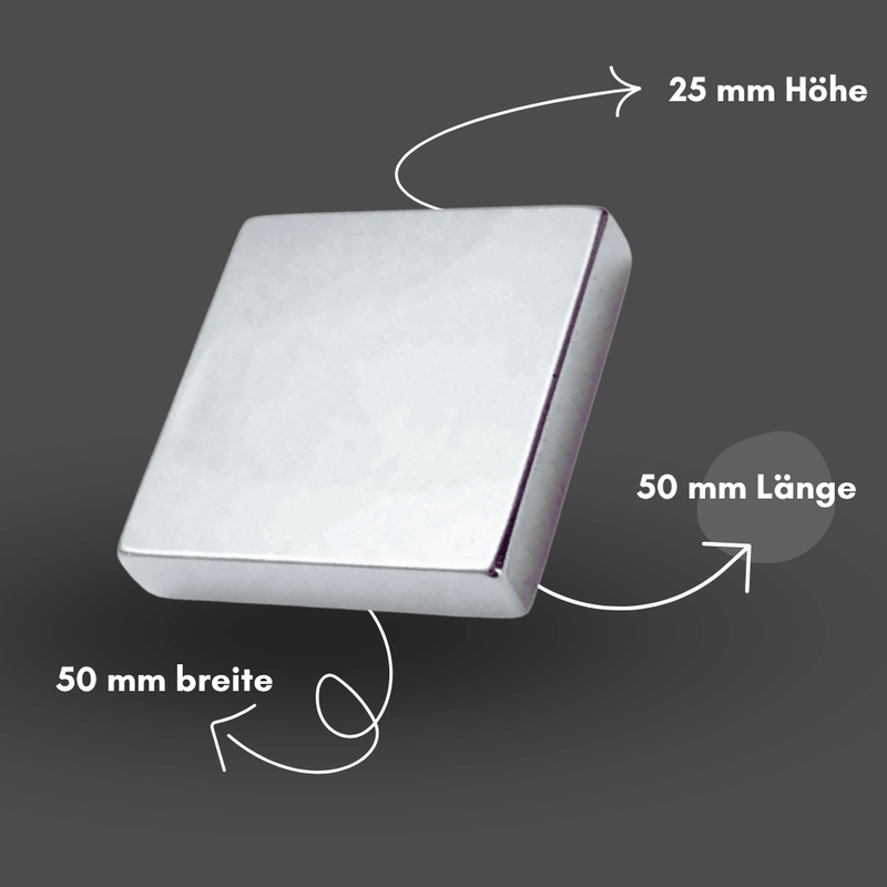 Supermagnet Neodym 50x50x25 mm, kompakter Quader für präzise Anwendungen in engen Räumen