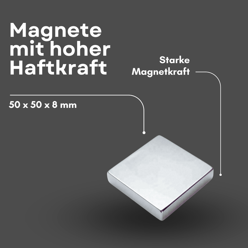 Neodym Magnet 50mm x 50mm x 8mm - N38 Supermagnet - Quadermagnete - Hohe Haftkraft bis 28kg