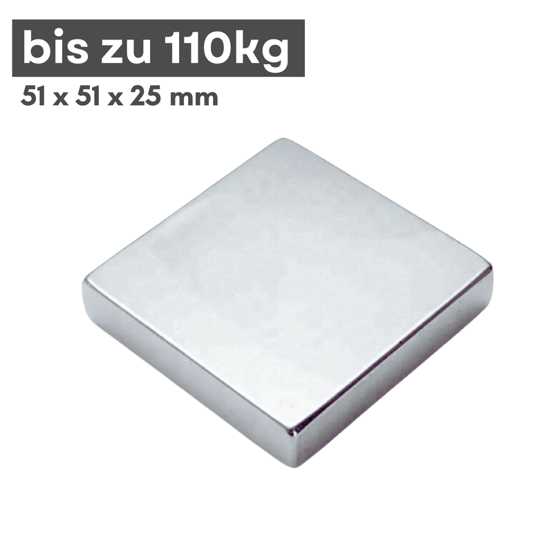 Neodym Magnet 51mm x 51mm x 25mm - N38 Supermagnet - Quadermagnete - Hohe Haftkraft bis 110kg