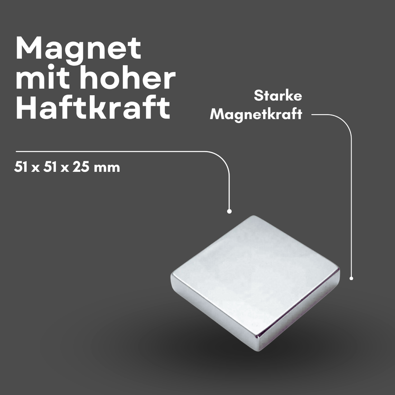 Neodym Magnet 51mm x 51mm x 25mm - N38 Supermagnet - Quadermagnete - Hohe Haftkraft bis 110kg