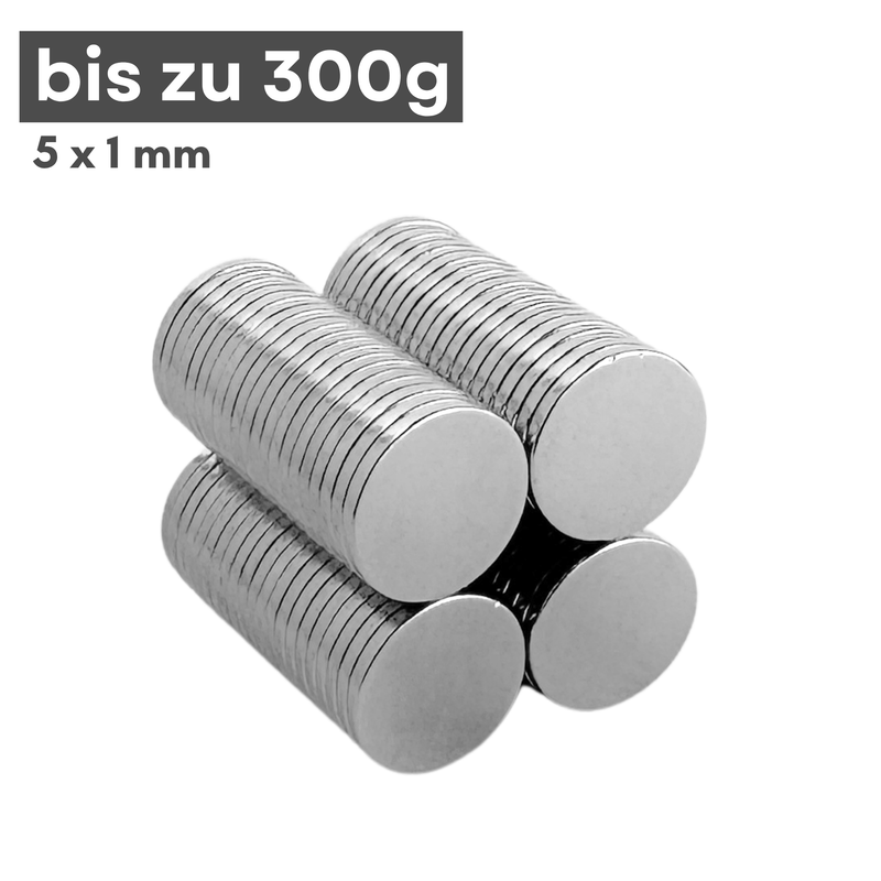 Neodym Magnet Ø 5mm x 1mm - Starker Scheibenmagnet - N42 Supermagnet - Hohe Haftkraft bis 300g