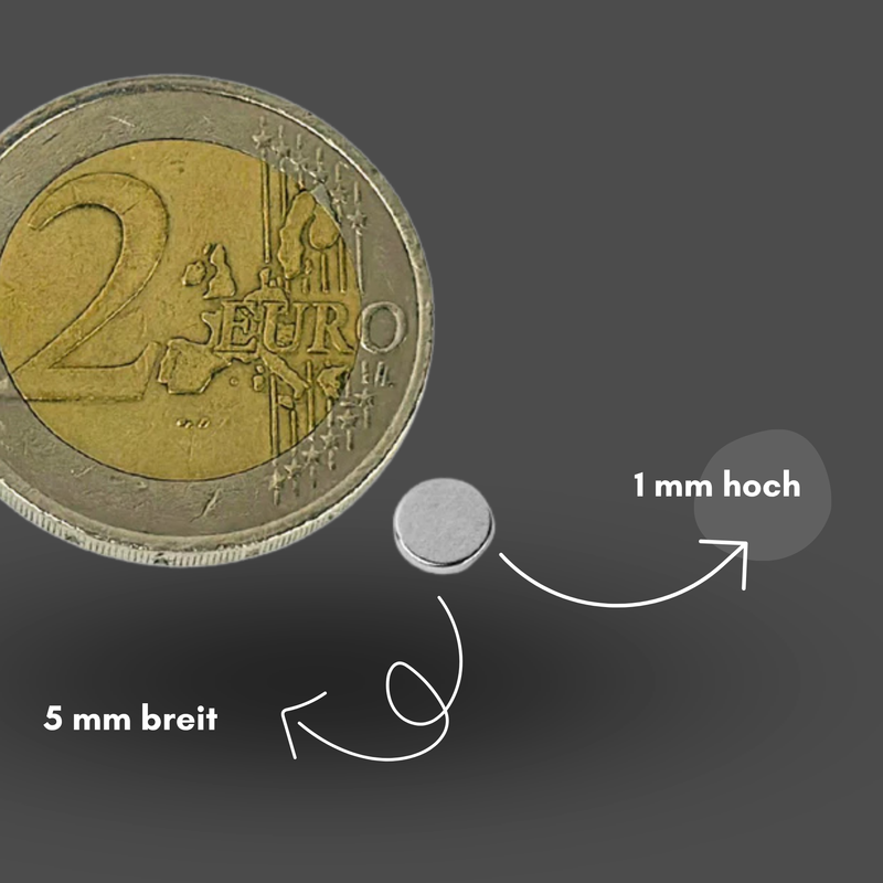 Neodym Magnet Ø 5mm x 1mm - Starker Scheibenmagnet - N42 Supermagnet - Hohe Haftkraft bis 300g