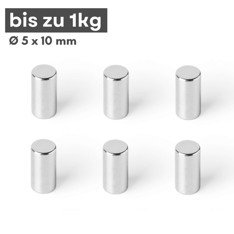 Neodym Scheibenmagnet 5x10 mm N42 – silberfarben, Haftkraft ca. 1 kg