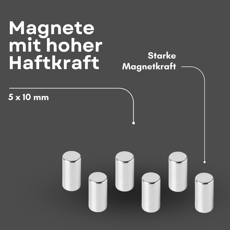 Neodym Magnet Ø 5mm x 10mm - Starker Scheibenmagnet - N42 Supermagnet - Hohe Haftkraft bis 1kg