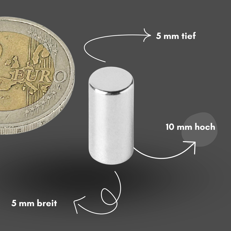 Neodym Magnet Ø 5mm x 10mm - Starker Scheibenmagnet - N42 Supermagnet - Hohe Haftkraft bis 1kg