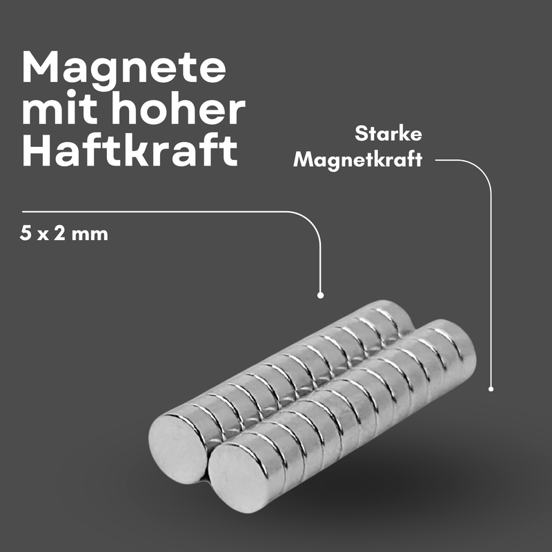 Neodym Magnet Ø 5mm x 2mm - Starker Scheibenmagnet - N38 Supermagnet - Hohe Haftkraft bis 400g