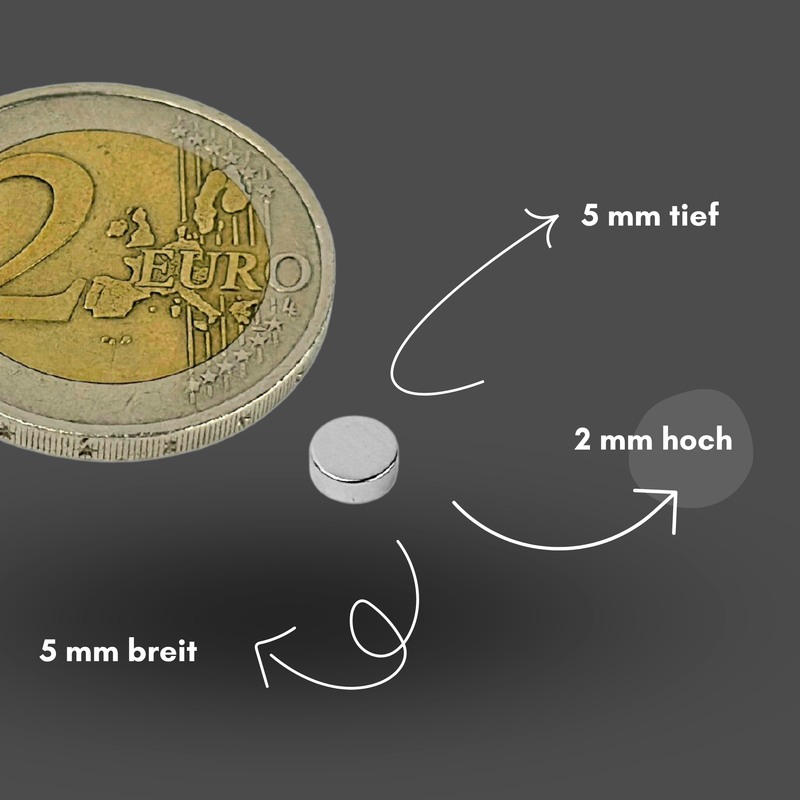 Neodym Magnet Ø 5mm x 2mm - Starker Scheibenmagnet - N38 Supermagnet - Hohe Haftkraft bis 400g