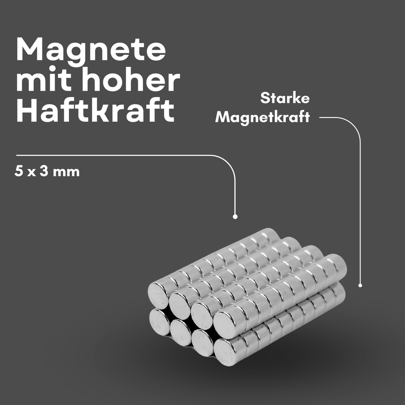 Neodym Magnet Ø 5mm x 3mm - Starker Scheibenmagnet - N38 Supermagnet - Hohe Haftkraft bis 600g