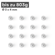 Neodym Scheibenmagnet 5x4 mm N42 – silberfarben, Haftkraft ca. 803 g