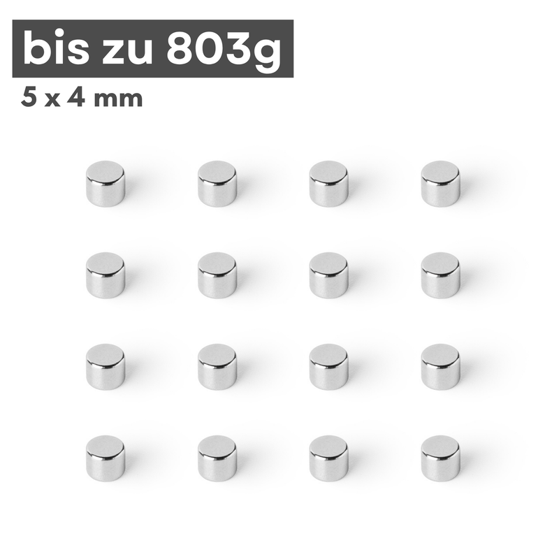 Neodym Magnet Ø 5mm x 4mm - Starker Scheibenmagnet - N42 Supermagnet - Hohe Haftkraft bis 803g