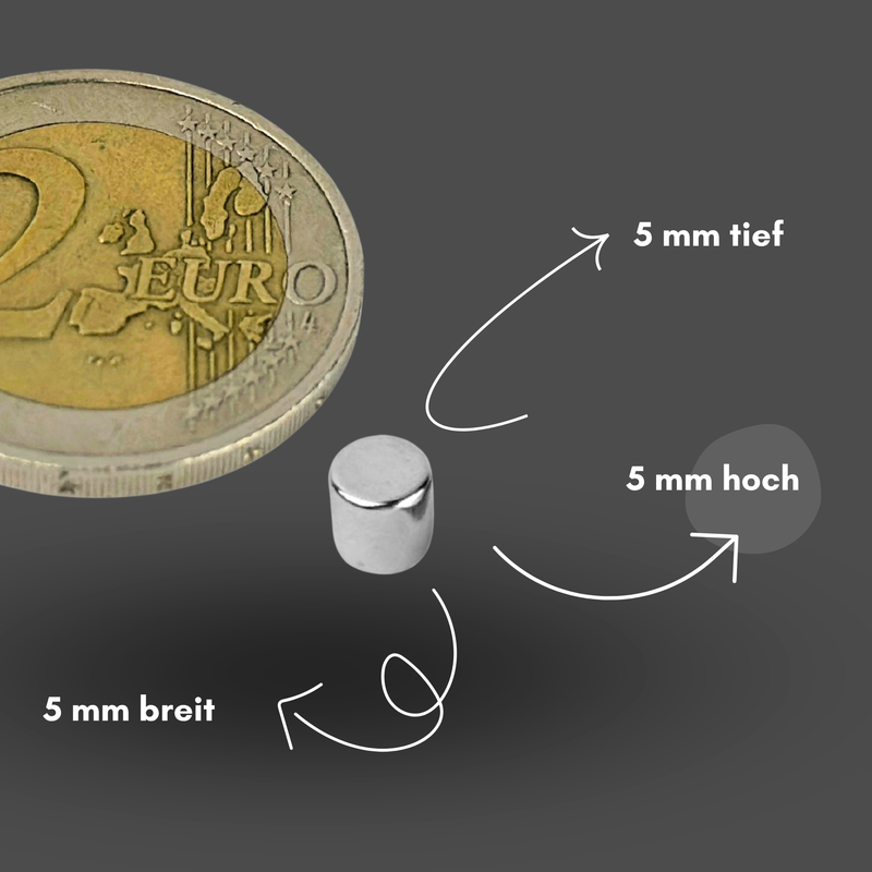 Neodym Magnet Ø 5mm x 5mm - Starker Scheibenmagnet - N38  Supermagnet - Hohe Haftkraft bis 800g