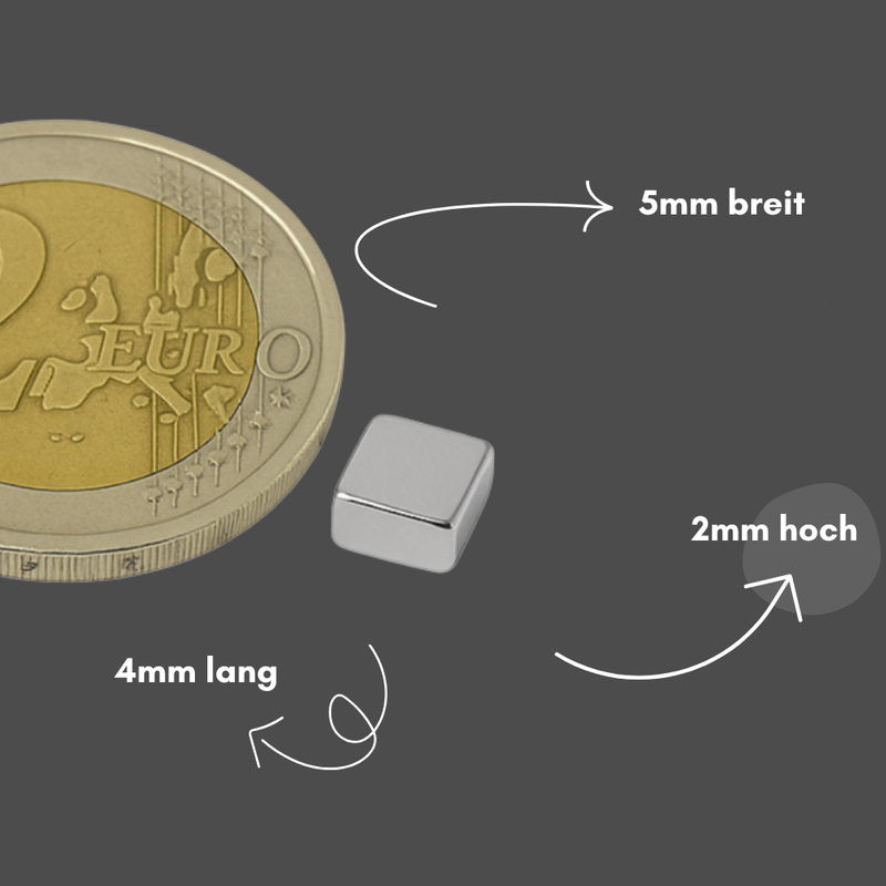 Neodym Magnet 5mm x 5mm x 2mm - N42 Supermagnet - Quadermagnete - Hohe Haftkraft bis 1,1kg